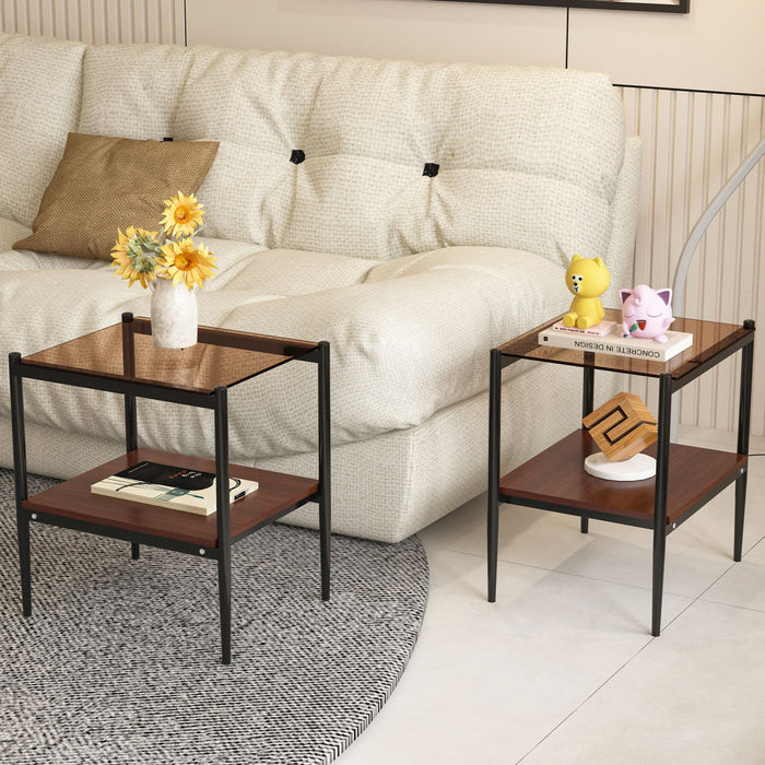 Modern Rectangle End Table (Set of 2) With Tempered Glass Tabletop And Layer - Brown