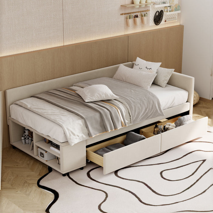 L Shaped Upholstered Platform Bed With Storage And Drawers