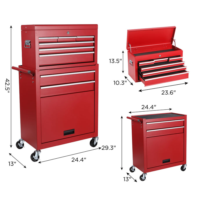 8 Drawer Rolling Tool Chest With 2 In 1 Detachable Top Box, Lockable Wheels