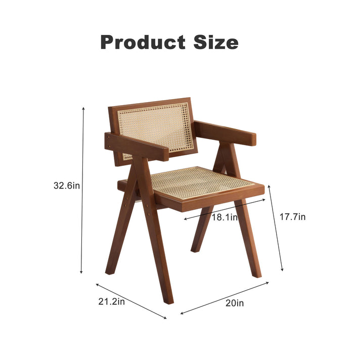 Modern Mid Century Dining Chairs (Set of 2), Rattan Accent Chairs, Comfy Armchairs, Outdoor Wood Chairs With Armrest - Walnut