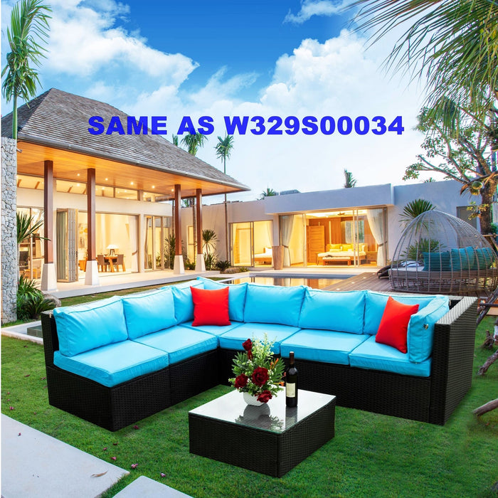 5 Pieces Rattan Sectional Outdoor Furniture Cushioned U Sof Set With 2 Pillow - Black / Blue