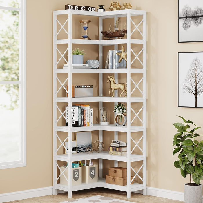7 Tier Corner Bookshelf, Storage Unit For Living Room