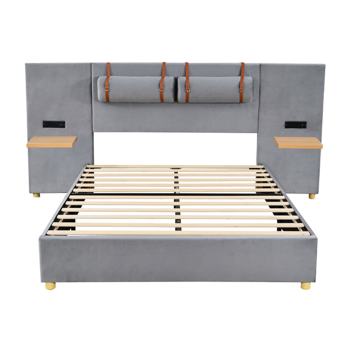 Upholstered Platform Bed, 2 Outlets And USB Charging Ports On Both Sides, 2 Bedside Pillows, Storage Shelves