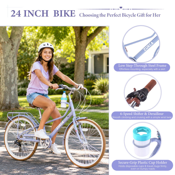 24" Cruiser Bike With 6 Speed Gear System, Rear Rack & Cup Holder