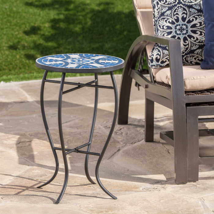 Popea Table Outdoor Round Side Table With Mosaic Style Top And Curved Iron Legs ...