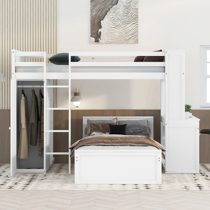 Loft Bed With A Stand Alone Bed, Shelves, Desk, And Wardrobe