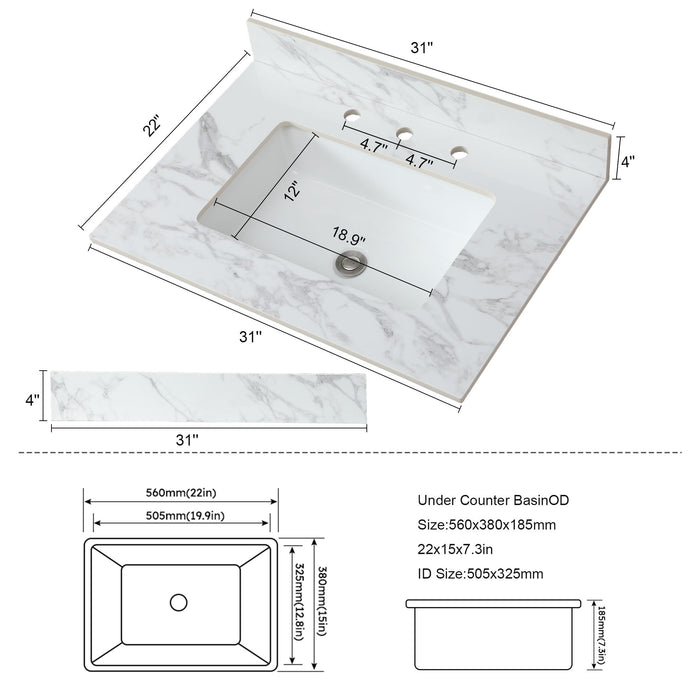 Elegant Sintered Stone Bathroom Vanity Top With Rectangular Undermount Ceramic Sink