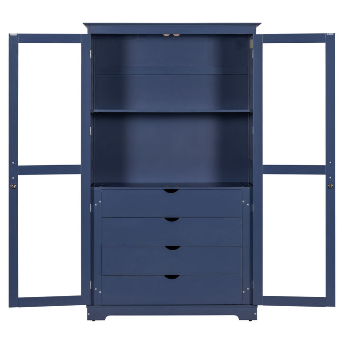 Kitchen Pantry, Freestanding Kitchen Storage Cabinet Display Cabinet With Glass Doors And 4 Built In Drawers For Living Room, Home Office - Blue