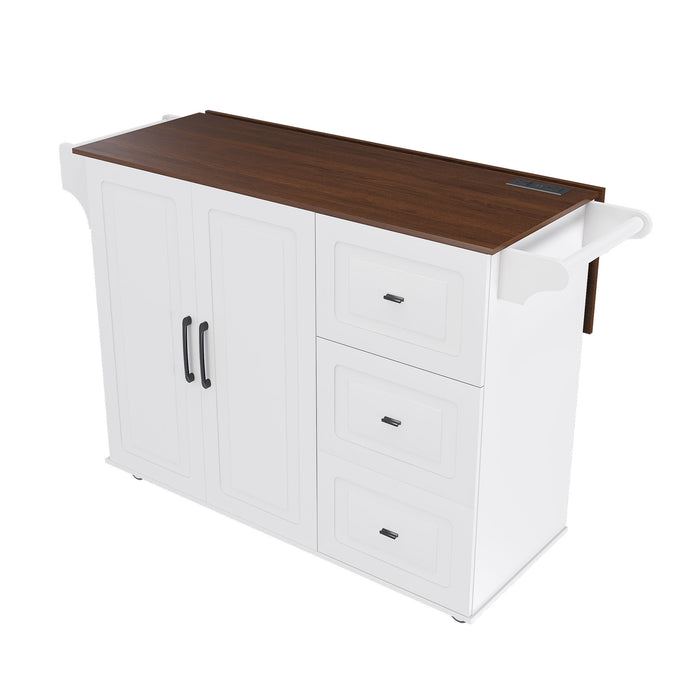 Kitchen Island Cart With Foldable Tabletop & Drop Leaf Mobile Breakfast Bar With Wood Top And Storage - White / Walnut