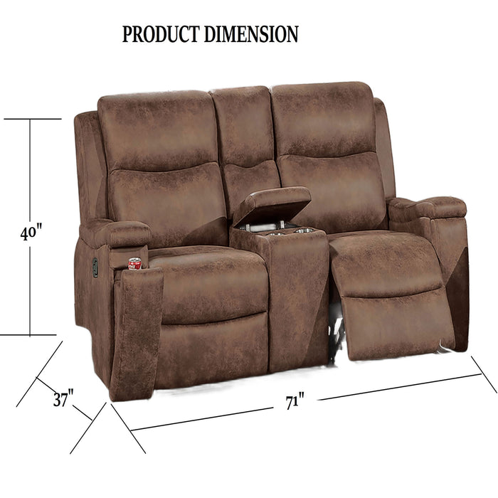 1 Piece Manual Motion Loveseat Hidden Cup Holder Console With Plush Back Cushion For Living Room - Walnut