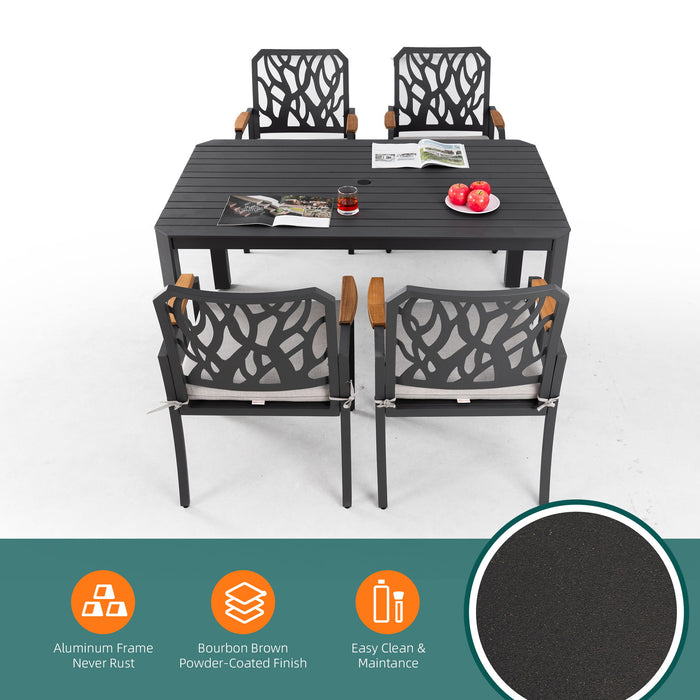 Outdoor Patio Furniture Dining Set With Sunbrella Fabric, Rectangular Table With Umbrella Hole