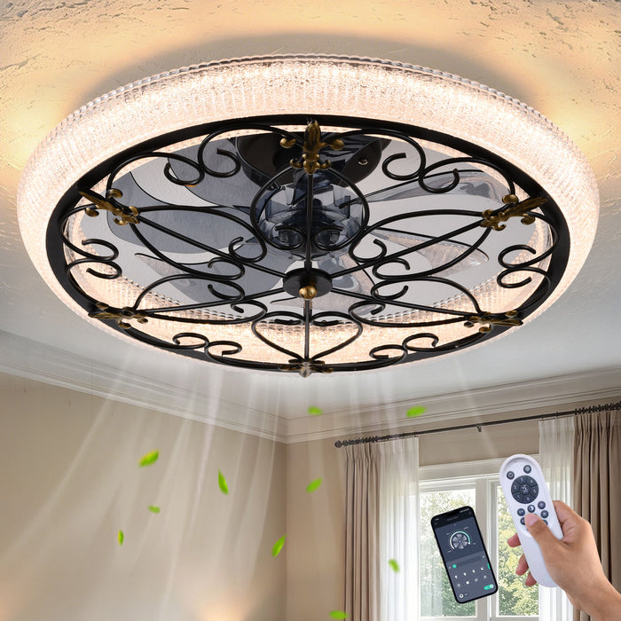 20" Caged Ceiling Fan With Remote Control And Crystal Sand Lampshade - Matte Black