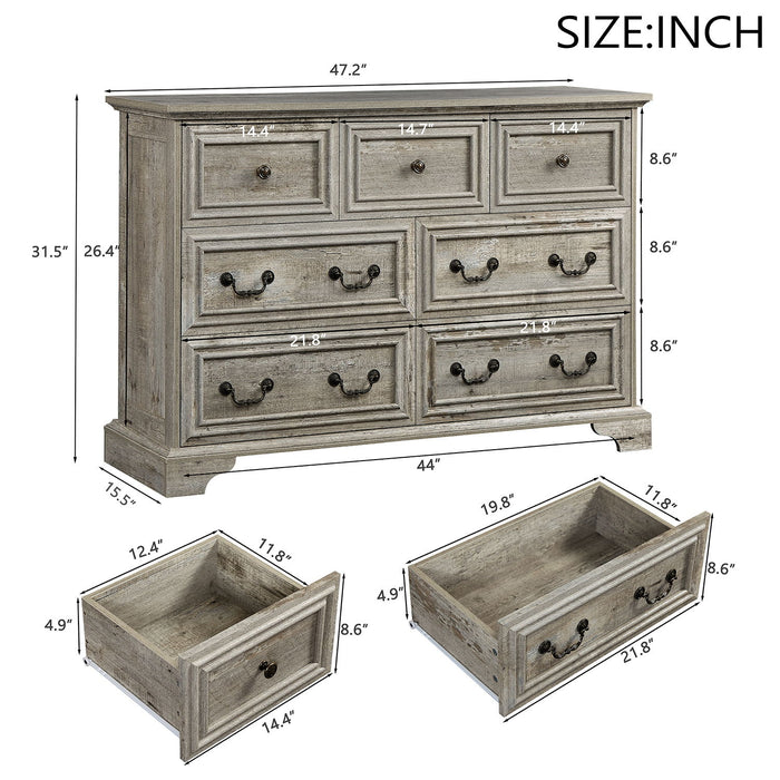 Farmhouse Vintage 7 Drawers Dresser With Natural Texture