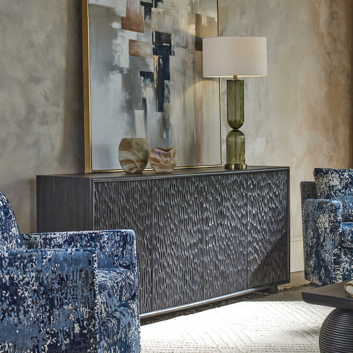 Stevenson - Chiseled 4 Door Cabinet - Black / Brown / Woodtone