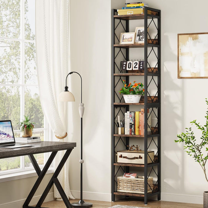 Extra Tall 7 Tier Narrow Corner Bookshelf Storage Display Rack For Living Room - Rustic Brown