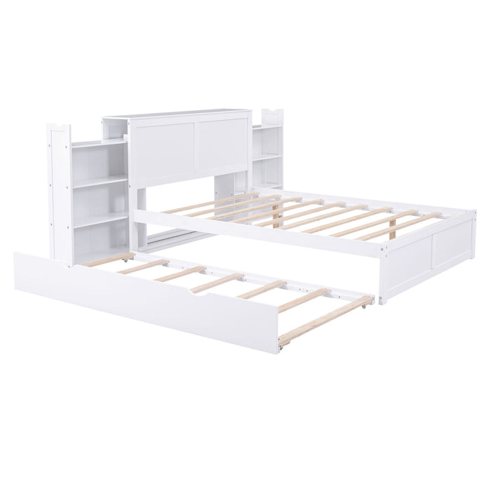 Storage Platform Bed With Pull Out Shelves And Trundle