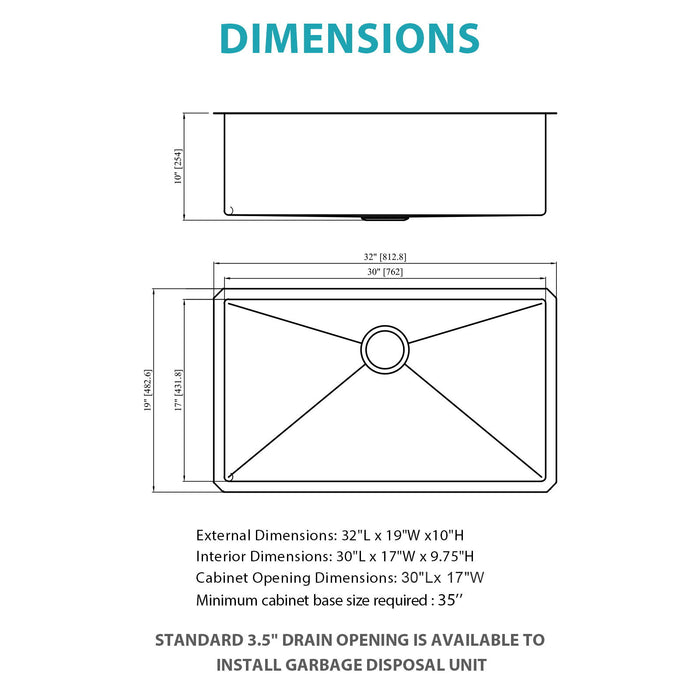 Gold Finish Undermount Stainless Steel Kitchen Sink 32" X 19" 16 Gauge Deep Single Bowl