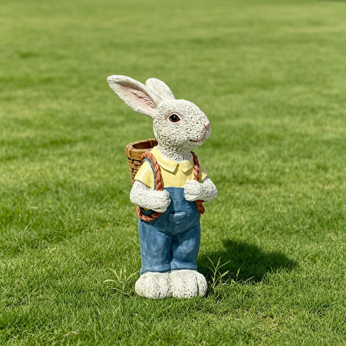 Simulated Couple Rabbit Statue Flower Pot Ornament, Resin Garden Sculpture Decor - Blue / White