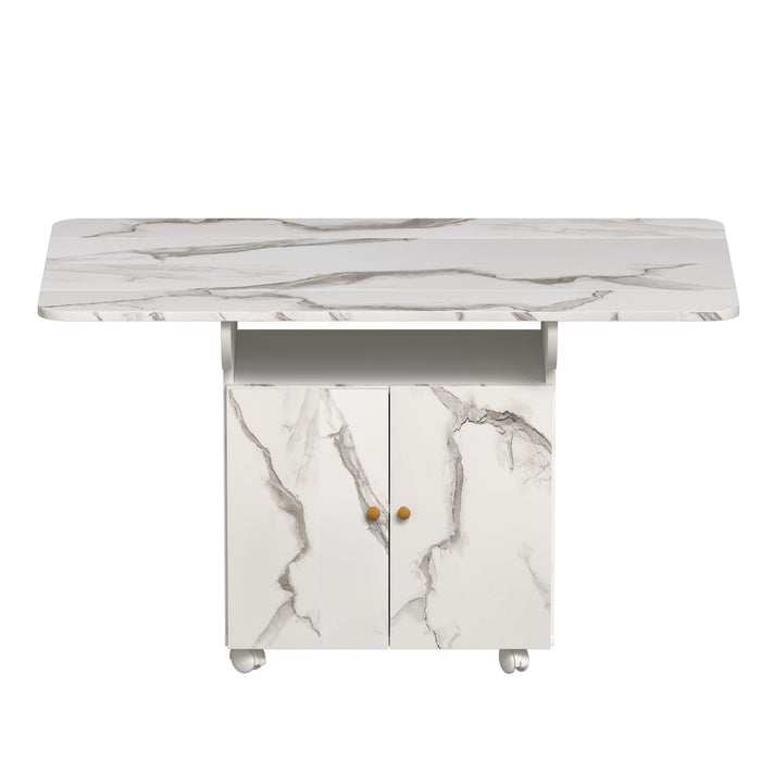 Versatile Marble Folding Dining Table With Storage Rack And Cabinet, 6 Wheels - White