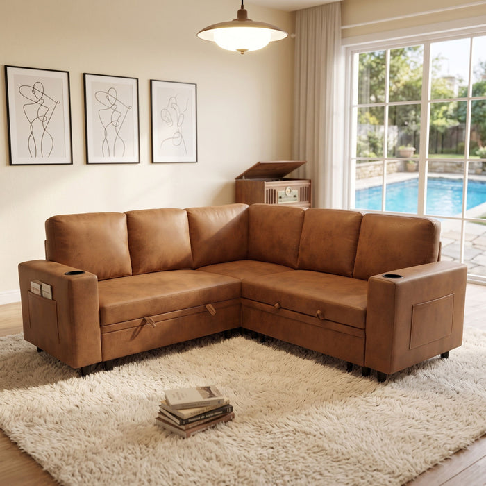 Upholstered L - Shape Sectional Sofa Bed With Pull Out Sleeper And Storage
