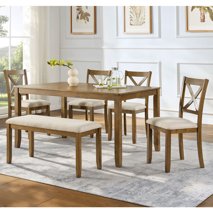 6 Piece Dining Table Set, Large Rectangular Table With Upholstered Bench & 4 X - Back Chairs, Kitchen Furniture - Oak