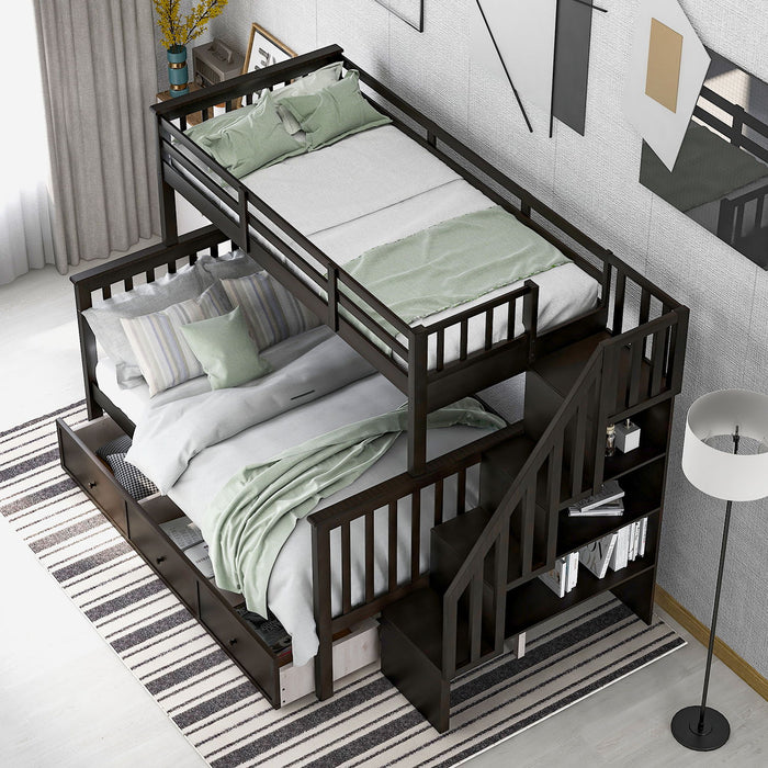 Stairway Bunk Bed With Storage And Guard Rail For Bedroom