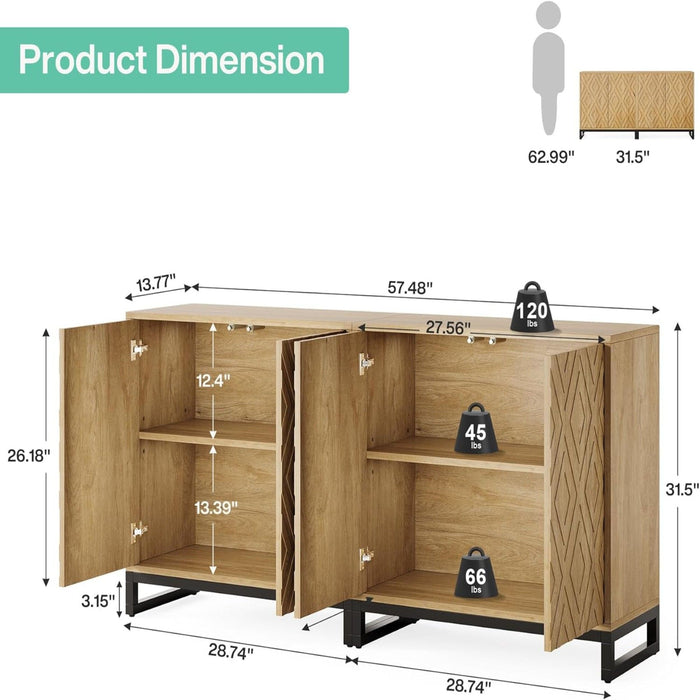 Sideboard Buffet Cabinet With 4 Doors & Shelves, Credenza Table For Dining Room - Warm Brown