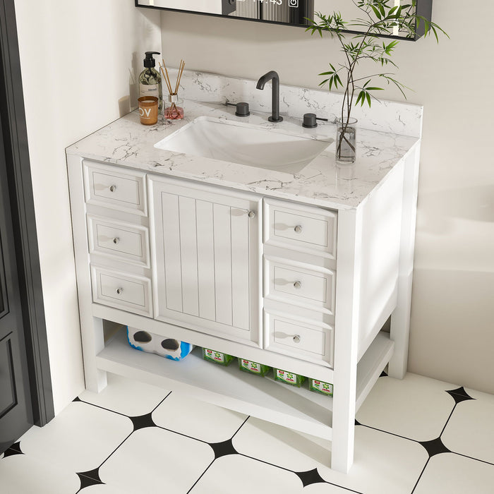 37" Bathroom Vanity With Artificial Marble Carrara Top, Multi Functional Cabinet With Doors And Drawer - White