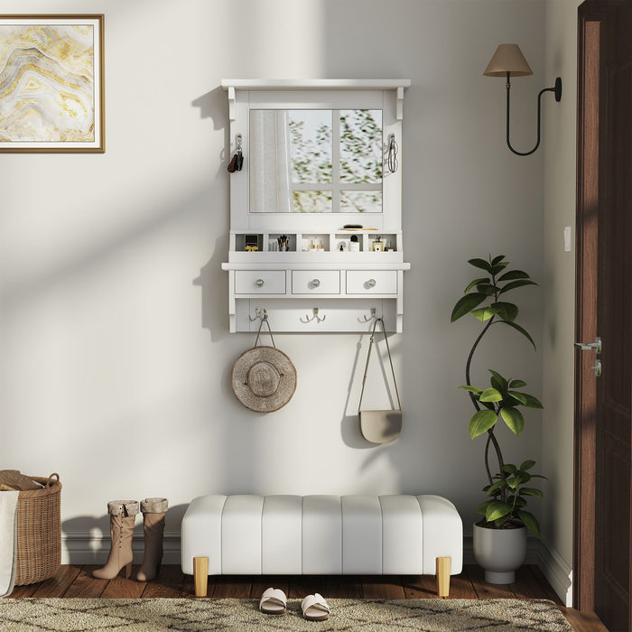 Floating Makeup Vanity With Big Mirror, Wall Mounted Storage Vanity With Drawers, Pockets & Hooks, Space Saving Decorative Home Organizer - White