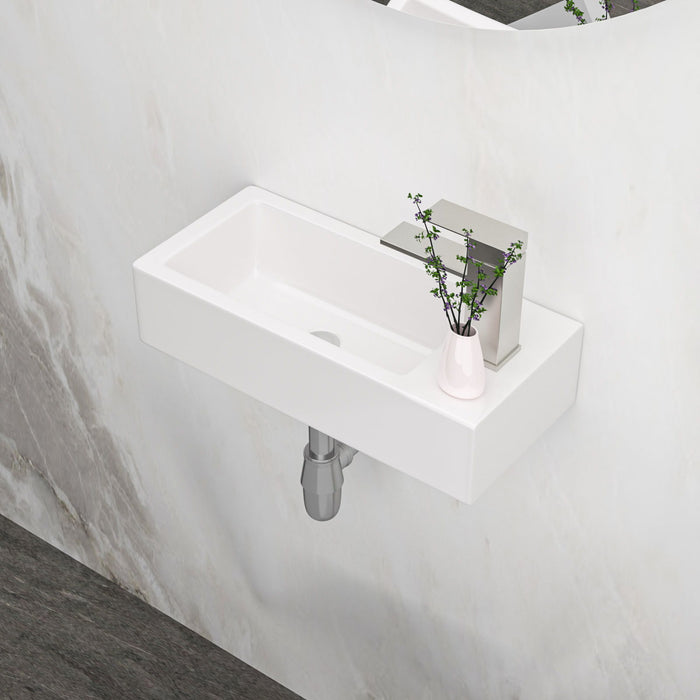 Modern Ceramic Rectangle Wall Mount Bathroom Sink With Single Faucet Hole - White