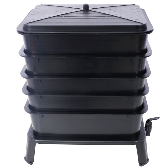 Eco Friendly 5 Layer Worm Compost Bin With 50L Capacity, Easy Setup Plastic Worm Farm Kit - Black