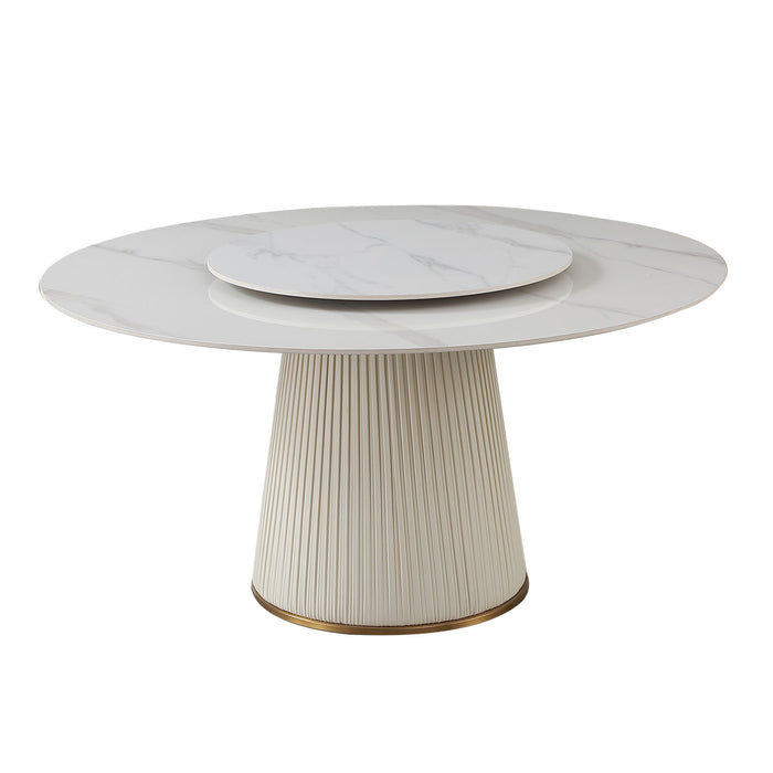 Modern Sintered Stone Dining Table With Turntable And Wood Metal Pedestal With 4 Chairs - Beige / White