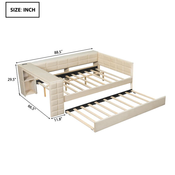 Upholstered Platform Bed With Storage Shelves, Desk, Charging Station And Trundle