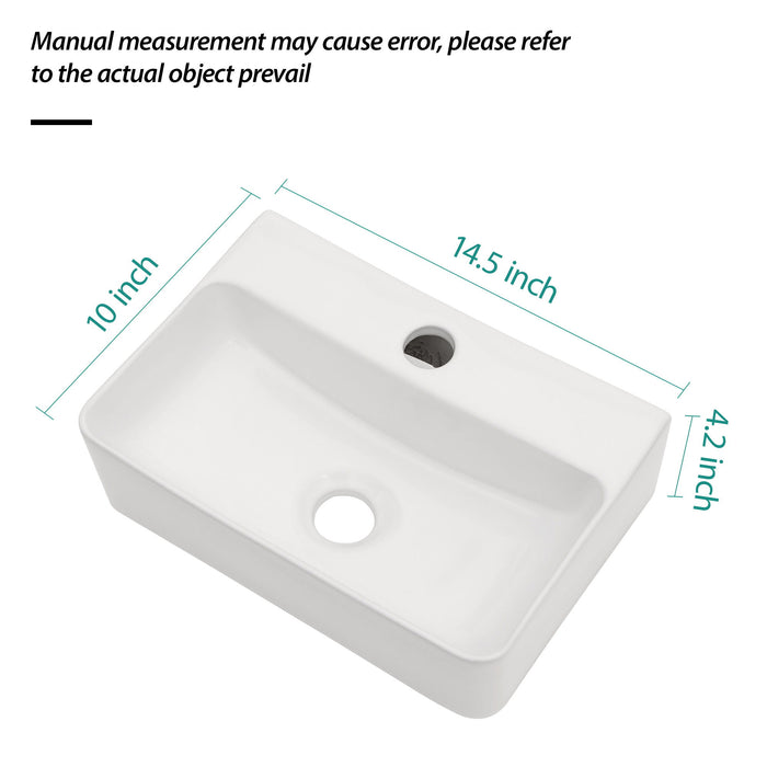 Ceramic Rectangle Wall Mount Bathroom Sink With Single Faucet Hole