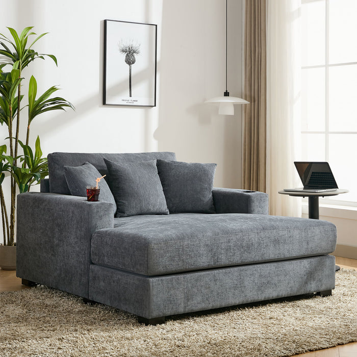 Oversized Chaise Lounger Modern Style Sofa Couch With Pillows, Charge Station & Cup Holders