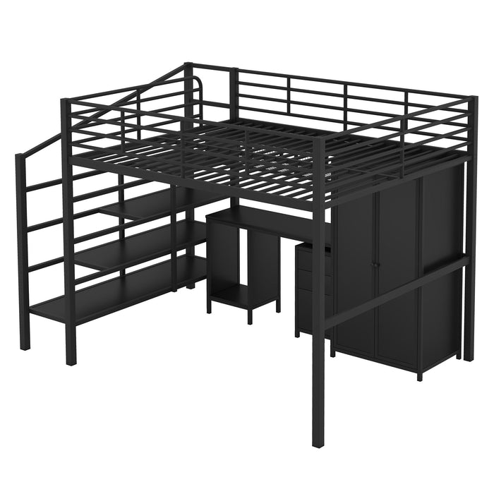 Full Size Loft Bed With Desk Set And Wardrobe - Black