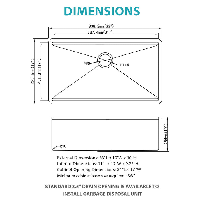 Gold Stainless Steel Undermount Kitchen Sink With Workstation 33 X 19 X 10 Inch, 16 Gauge Deep Bowl