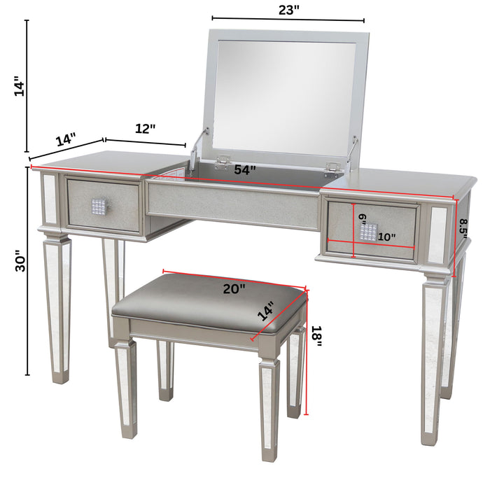 Mirrored Vanity Desk With Drawers And Stool, Flip Up Dressing Table Set For Makeup Room
