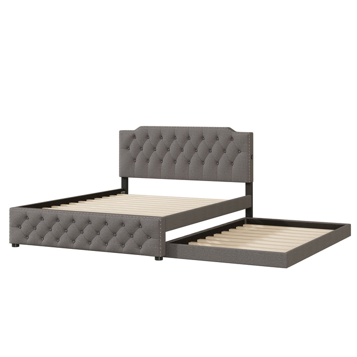 Upholstered Platform Bed With Trundle And 2 Sets Of USB Ports On Each Side, Linen Fabric