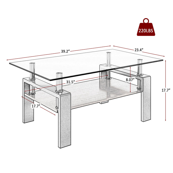Modern Rectangular Coffee Table With Tempered Transparent Glass Top And Storage Shelf