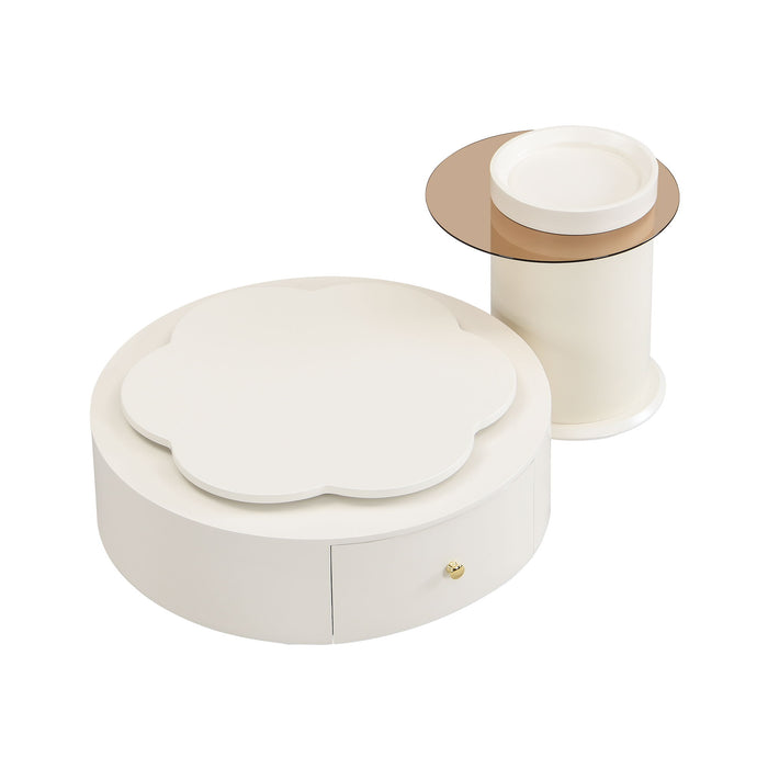 Modern Round Coffee Table (Set of 2), 360 Degree Rotatable Flower Shaped Top With 2 Drawers, Top Circle Side Table End Table With Glass For Living Room - Off White