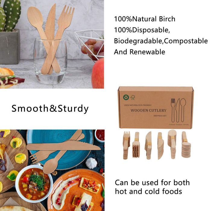 Wooden Compostable Utensils Set 300 Pieces 100 Forks 100 Spoons 100 Knives Sturdy Wood Disposable Cutlery Eco Friendly Biodegradable Utensils For Party Free From Plastic Cutlery Set For Eating - Natural Wood
