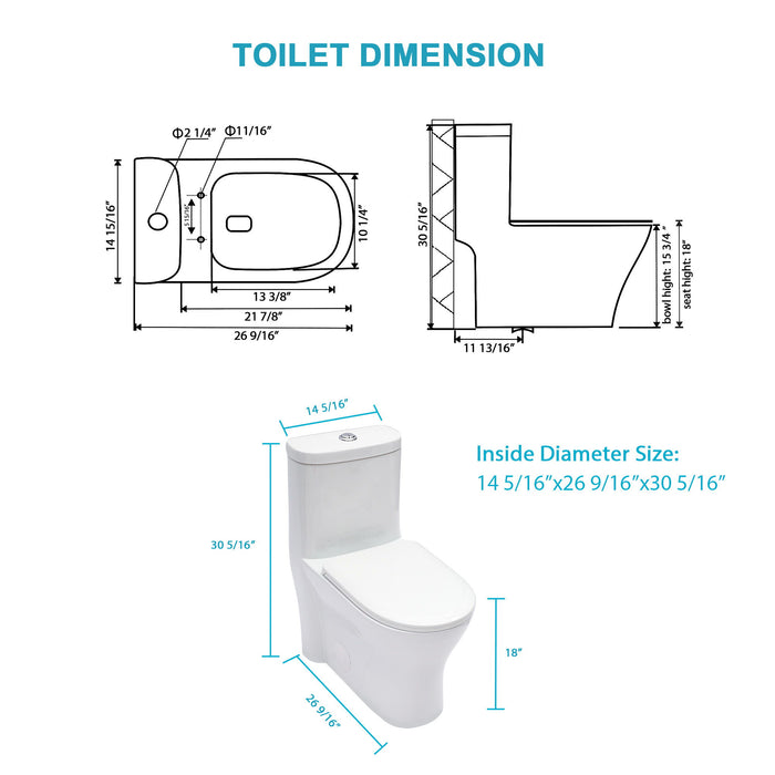 1 Piece Toilet For Bathroom, Dual Flush 1.22/1.6 Gpf, Soft Closing Seat - White