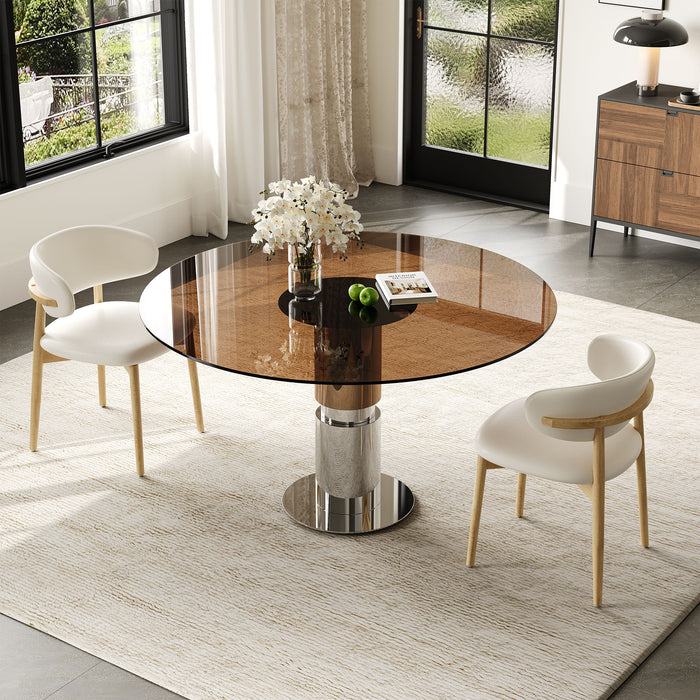 Round Glass Dining Table With Stainless Steel Legs And Chairs
