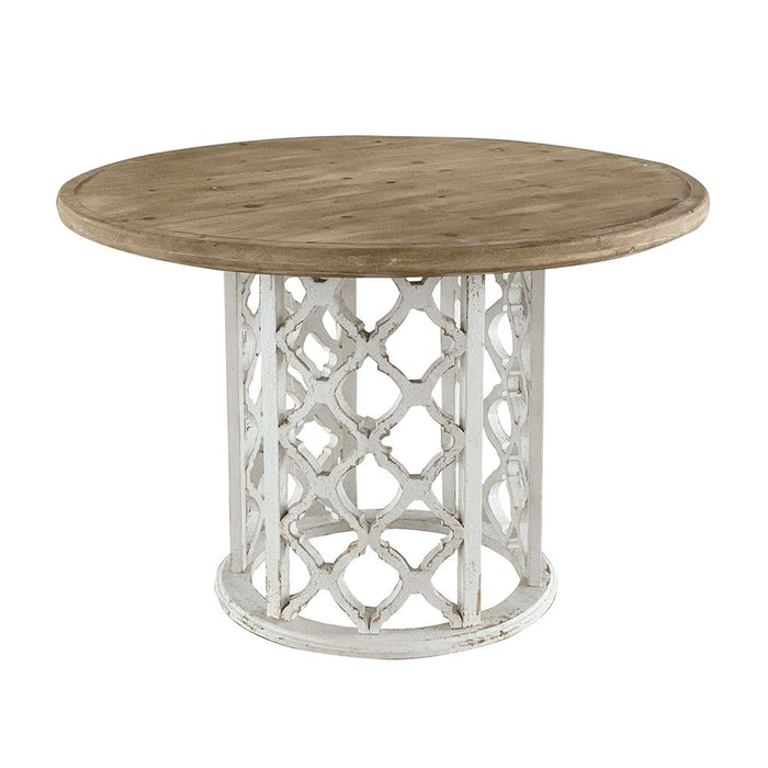 Round Wooden Dining Table With Ornate Cut Out Base - Brown / Antique White