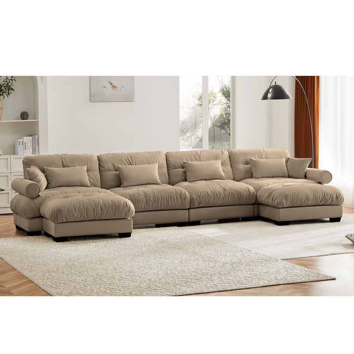 Modern Sectional Sofa With Ottoman, Round Bolster Armrests, Waist And Throw Pillows