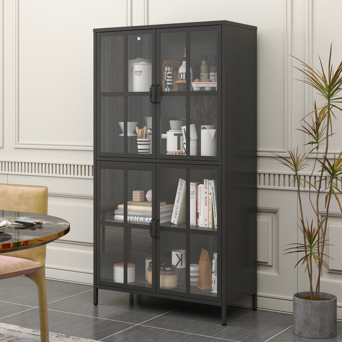 Premium Metal Storage Cabinet With Tempered Glass Doors, Adjustable Shelves, And Anti Tipping Device - Black