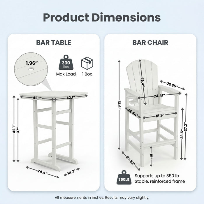 Outdoor Bar Height Adirondack Patio Chair With Cup Holder And Armrests All Weather UV Resistant - White