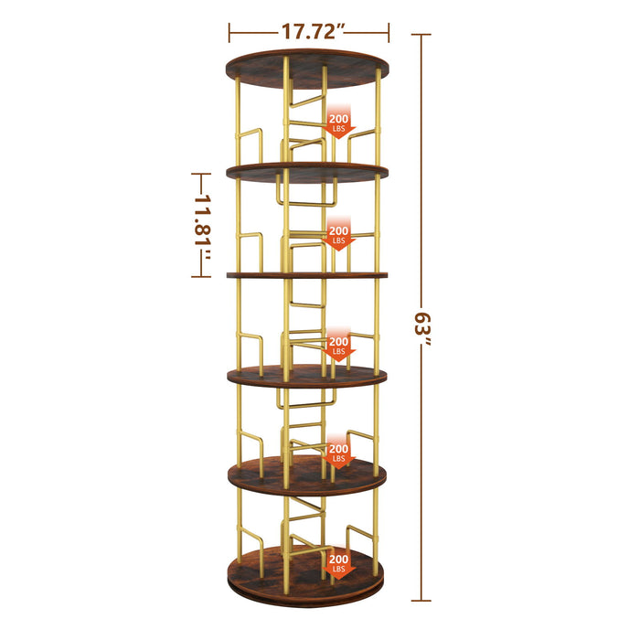 5 Tier 360 Rotating Bookshelf, Display Round Floor Standing Swivel Bookcase For Bedroom - Golden
