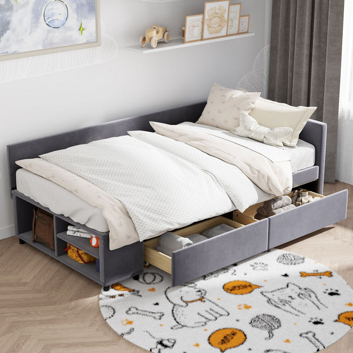 L Shaped Upholstered Platform Bed With Storage And Drawers